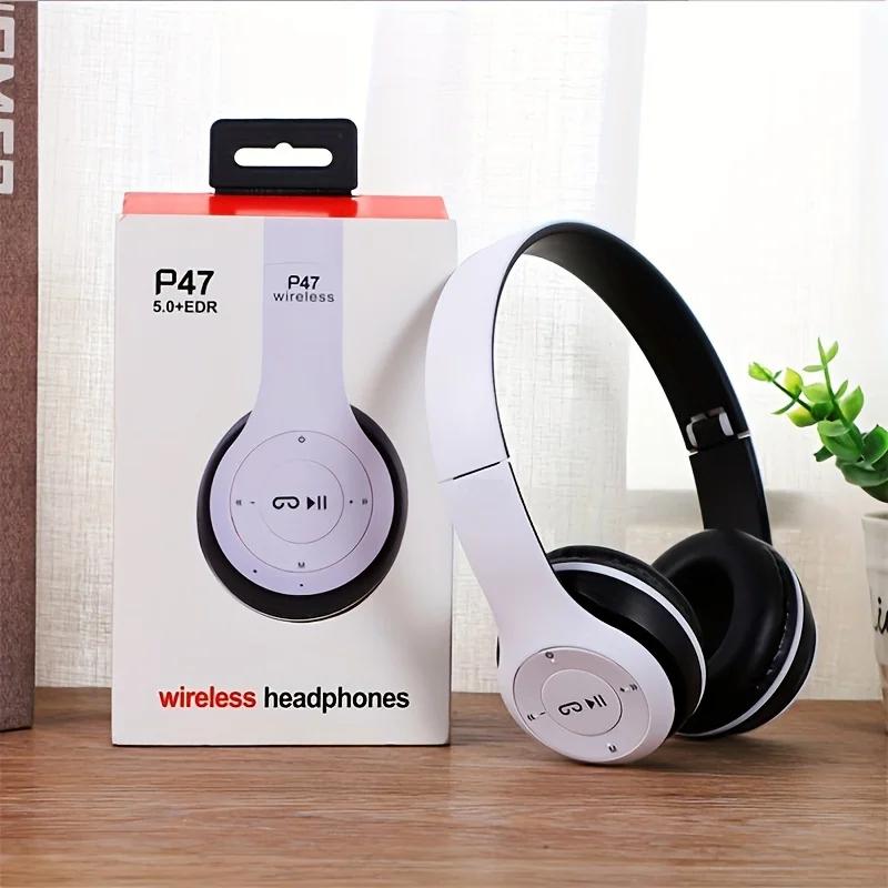 

P47 Foldable Bluetooth 50 Wireless Headphone HIFI Stereo Bass Earphone with Mic USB Adaptor for iPhone Game Kid Helmet Gift білий