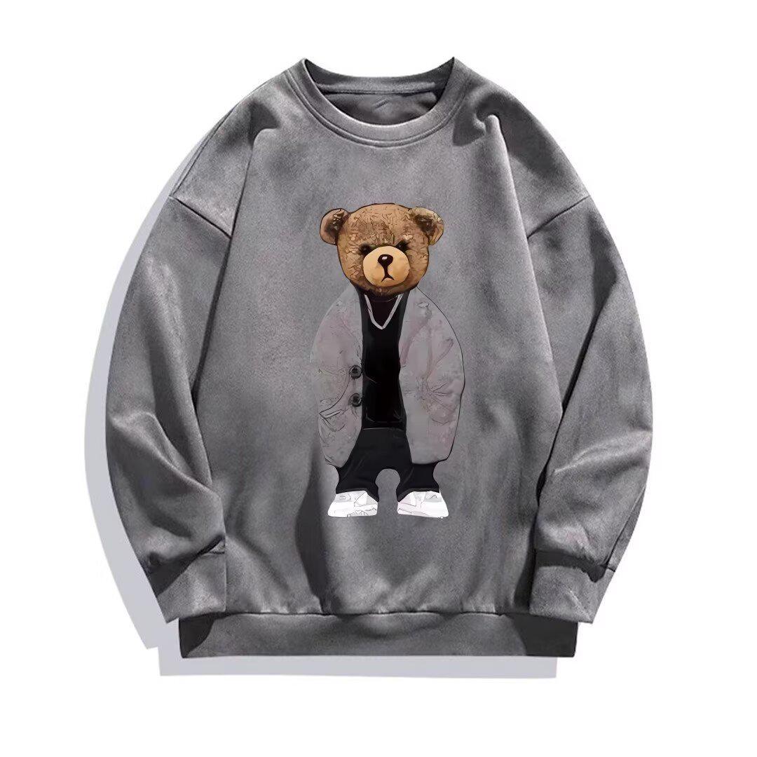 

Men s Autumn Suede Bear Print Sweatshirt - Casual Trendy Pullover 4XL темно-сірий