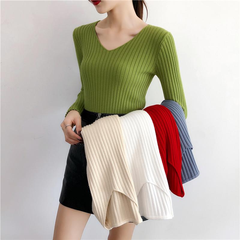 Autumn and Winter V-neck Knitted Sweater for Women Fashion Slim Fit Long Sleeve Base Pullover Sweaters Tops Ladies Elegant Solid Woman Knitwear 24978