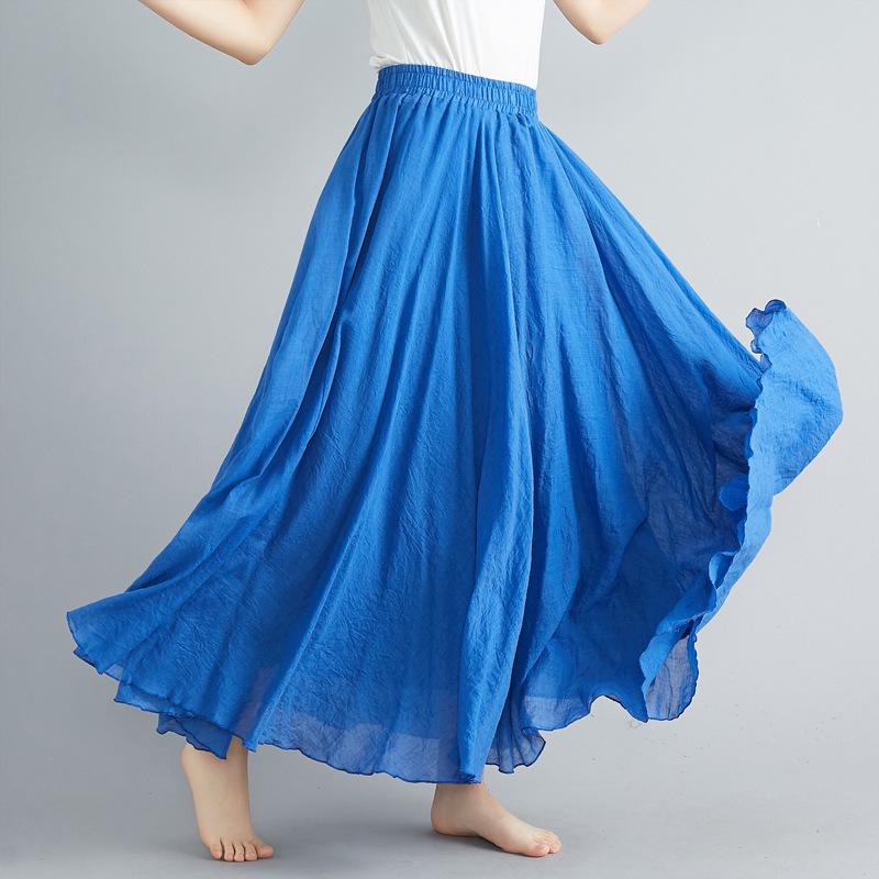 38-Color Plus Size Japanese Cotton Linen A-Line Midi Skirt with Elastic Waist