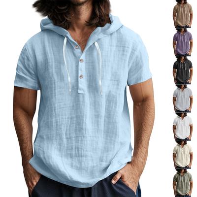 Tricou casual pentru bărbați, cu mânecă scurtă, glugă și nasturi, guler deschis