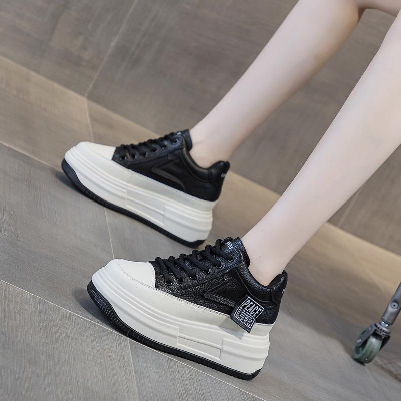 Fashion 2025 New 6.5cm Lace-up Genuine Leather Flat Platform Sneaker Increase Shoes Woman High Top Short Boots Spell Color Trend Shoes