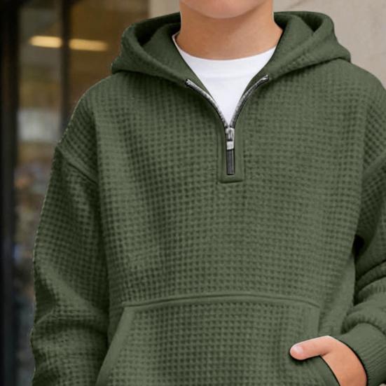 Waffel-Kapuzenpullover für Jungen, Viertelreißverschluss, Kapuzenpullover, Kinder, Langarm, Strickpullover, Oberteile mit Tasche für Teenager und Kinder, 3-14 Jahre