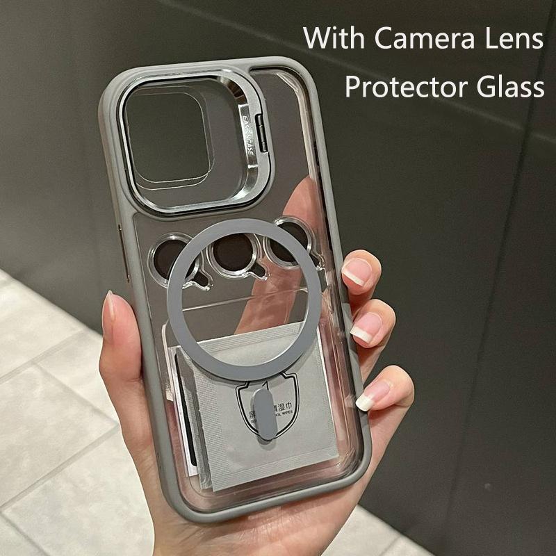 For Magsafe Magnetic Lens Protection Stand Case For iPhone 15 12 13 14 11 Pro Max Camera Lens Glass Transparent Metal Ring Cover