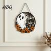 Outdoor Holiday Decoration Halloween Ghost Door Sign, Cute Hey Boo Wooden Hanging Wreath Decoration, Durable Solid Wood Sign Round Rustic Farmhouse