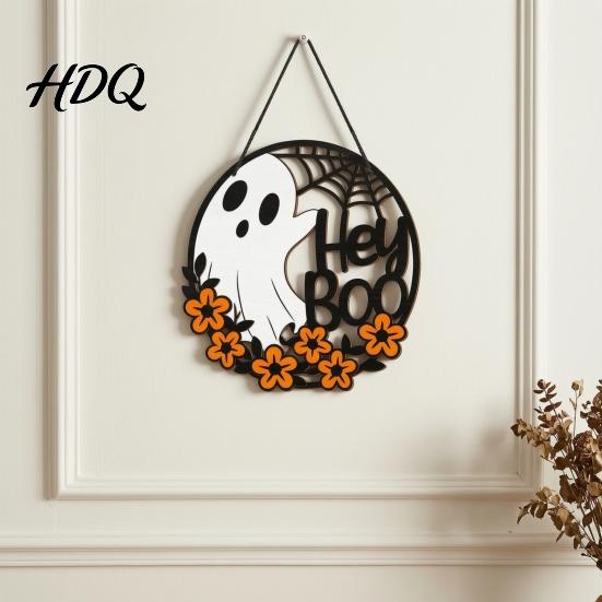 Outdoor Holiday Decoration Halloween Ghost Door Sign, Cute Hey Boo Wooden Hanging Wreath Decoration, Durable Solid Wood Sign Round Rustic Farmhouse