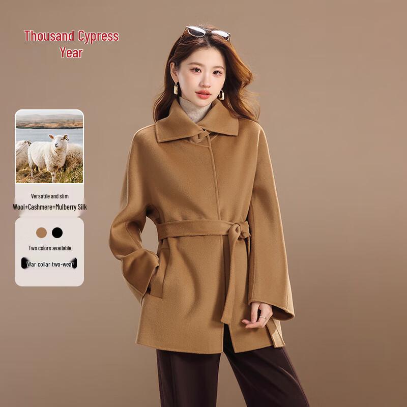 QianBaoNian Women s Merino Wool & Cashmere Double-Faced Mid-Length Belted Coat L