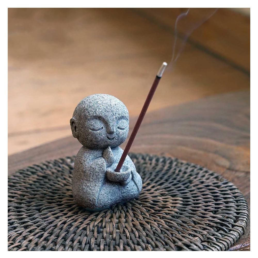 Jizo Statue Set: Soothing and Cute Small Figurine with Handheld Incense, Made of Granite (Mikage), Perfect for EntrywayGarden Decor, Waterproof, God