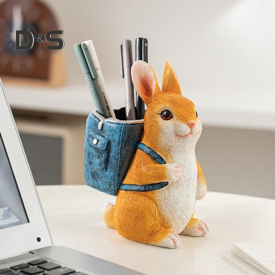 Rabbit Pen Holder Resin Bunny Figurine with Open Backpack Pencil Holder Decorative Rabbit Desk Organizer for Pens Pencils Makeup Brushes