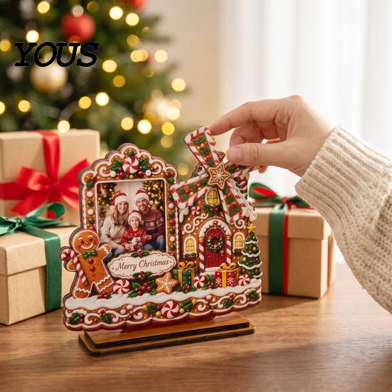Christmas Photo Frame 2D Gingerbread House Wooden Frame, Spinning Windmill Picture Xmas Cottage Ornament Desktop Holder for Home Fireplace Table Decor