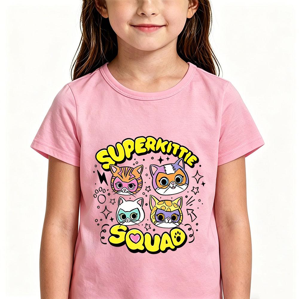 Children's Cotton T-shirts SuperKitties Cartoon Print Kids Short Sleeve Cute Boys Girls 2-12Y Tees Casual Crew Neck Tops Summer
