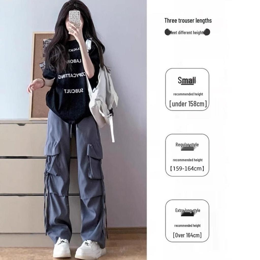 Petite High Waist Gray Wide Leg Cargo Pants for Women - Spring/Summer 145cm Length