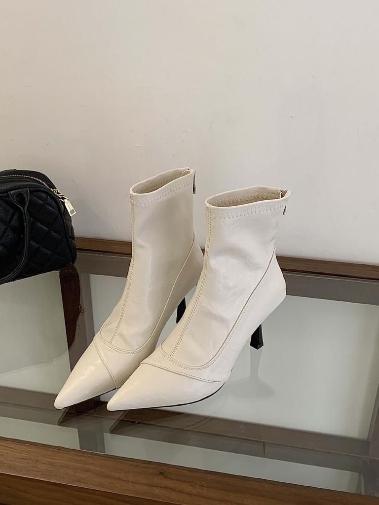 Soft leather thin heel pointed women's boots short high heels fashion boots rear zipper French thin women's short boots