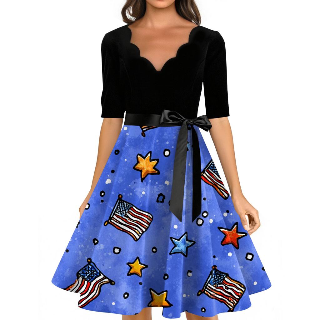 Women's Casual Fashion V-neck Retro Short-sleeved Dress With Flag Independence Day Print
