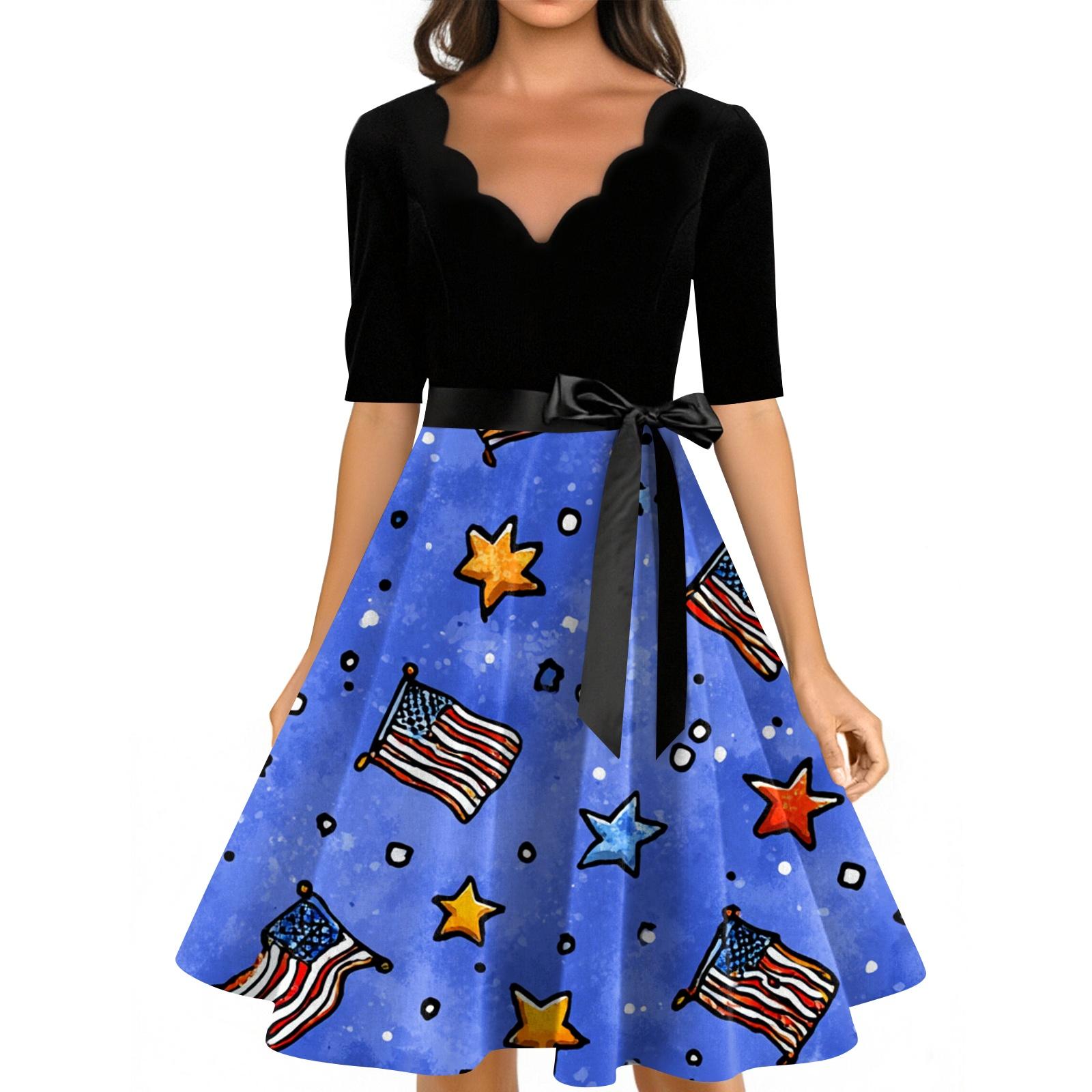 

Женское повседневное модное ретро-платье с V-образным вырезом, коротким рукавом и принтом Флага Дня Независимости S синий