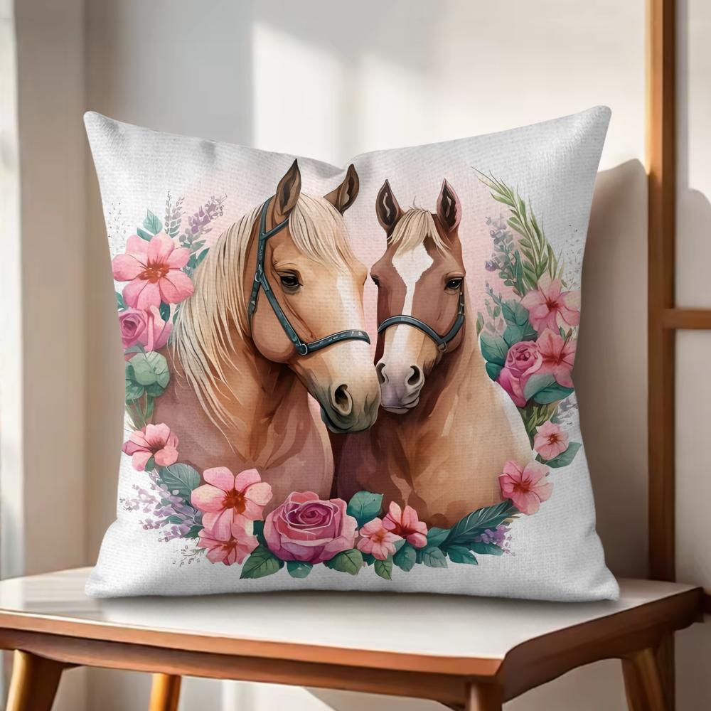Watercolor Horse  Floral Cushion Cover Natural Linen Organic Fabric DoubleSided Printing Couch Pillow Covers Home Decor