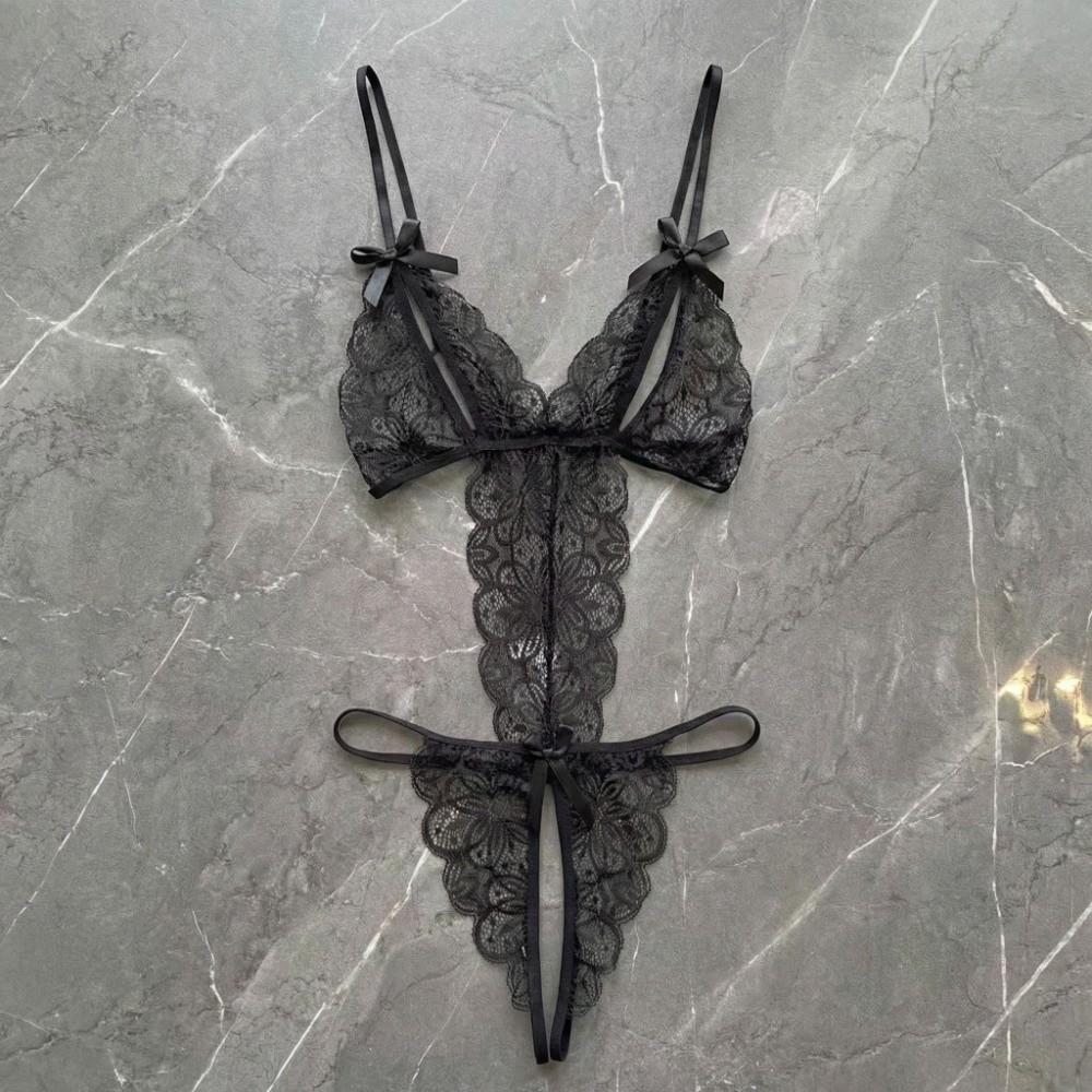 Deep V Neck Lace Bow Bodysuit Transparent Lace Sling Nightwear Sweet Women Lingerie  Ladies