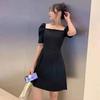 Hepburn Style Little Black Dress Women's Summer New French Retro Square Collar Medium and Long Black Bubble Sleeve Dress
