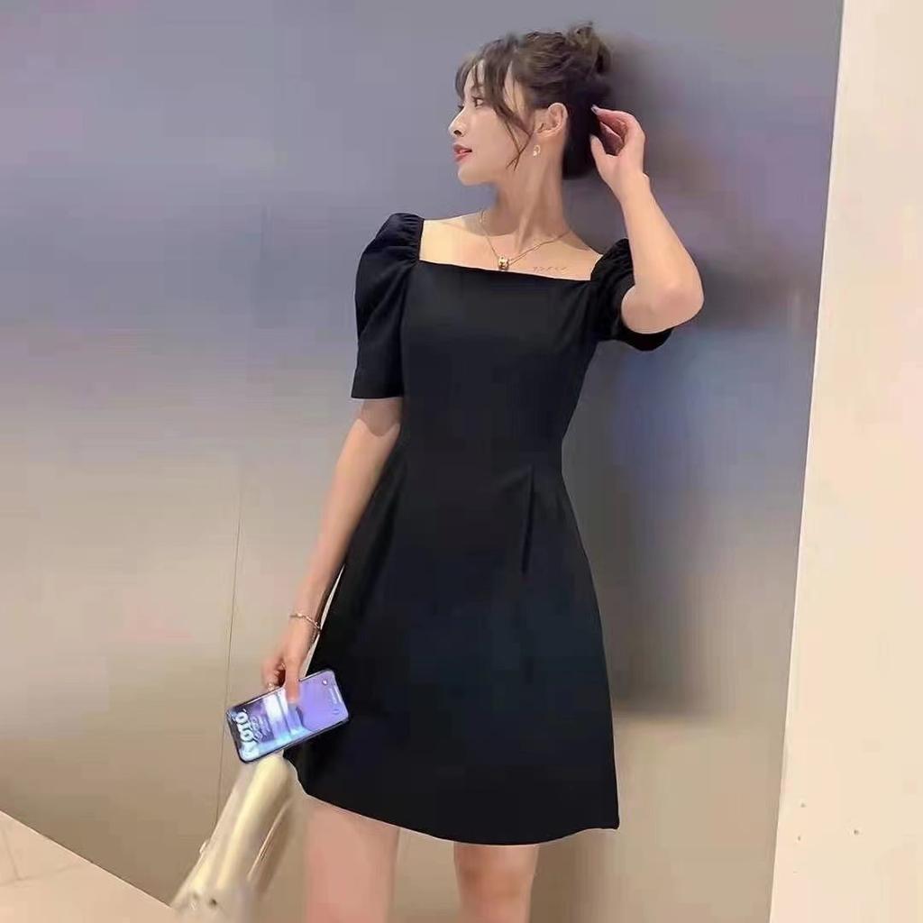 Hepburn Style Little Black Dress Women's Summer New French Retro Square Collar Medium and Long Black Bubble Sleeve Dress