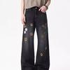 Spring American retro flower embroidery straight jeans men's design sense thin wide-leg pants
