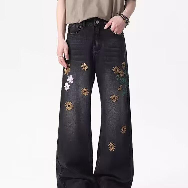 Spring American retro flower embroidery straight jeans men's design sense thin wide-leg pants