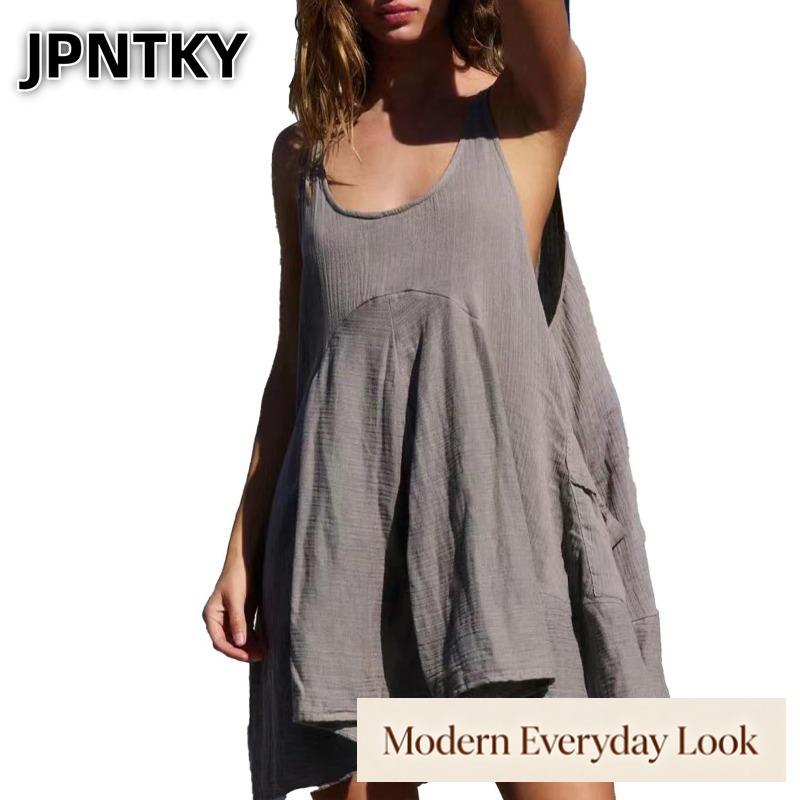 JPNTKY Women's Fashion Summer Spring Solid Color Print O-Neck Sleeveless Casual Dresses