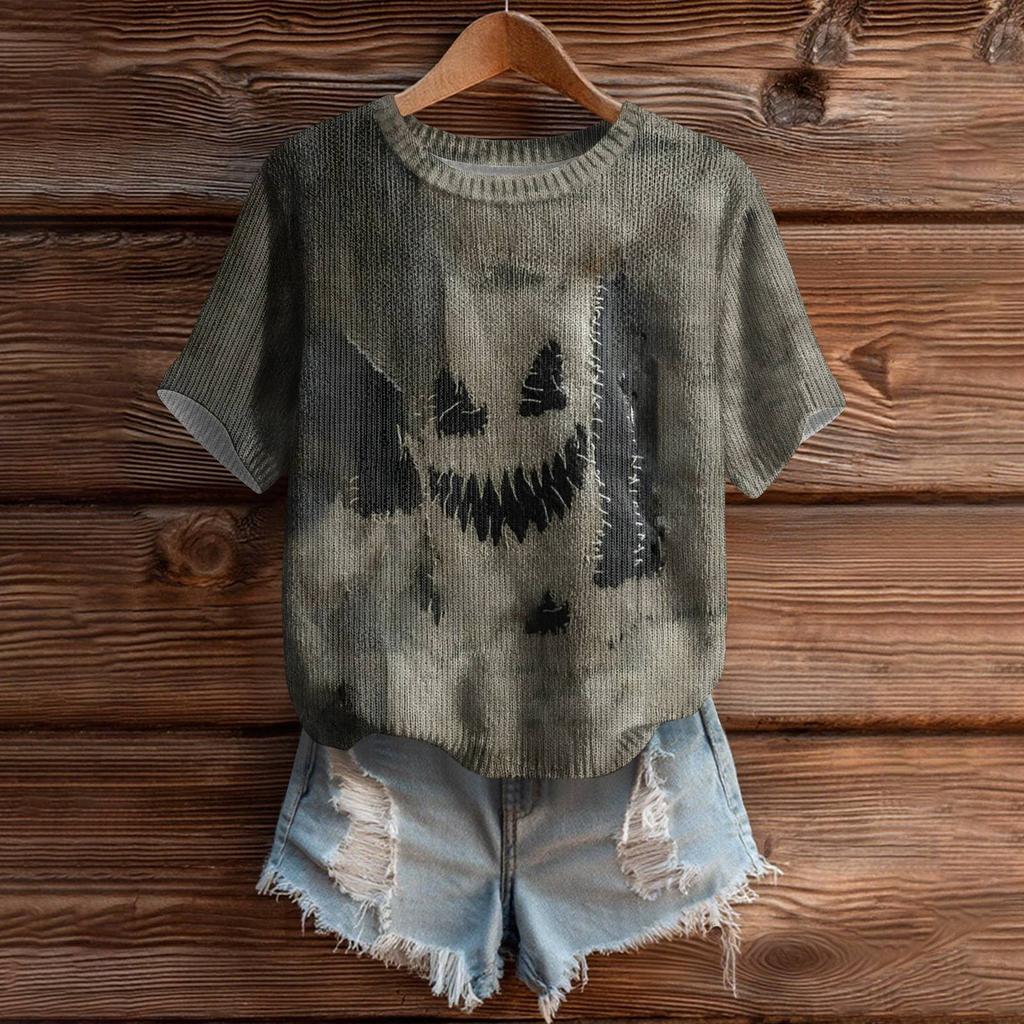 Women's Cute Sweater Knitted Fashion Casual Round-neck Short-sleeved  Cozy Print Top
