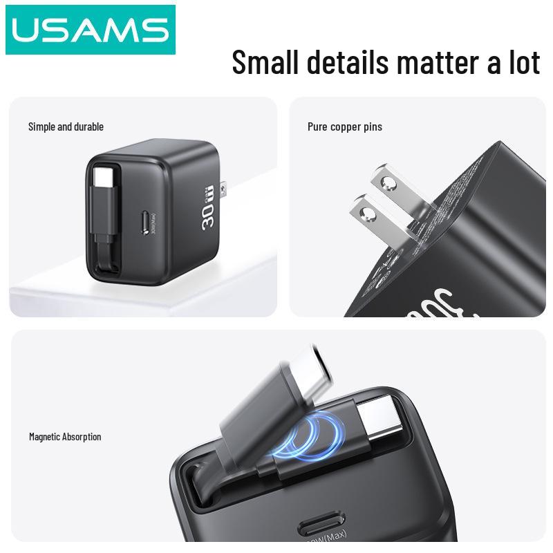 USAMS 30W GaN Retractable Compact Fast Charger for Apple & Android (EU/UK Compatible)