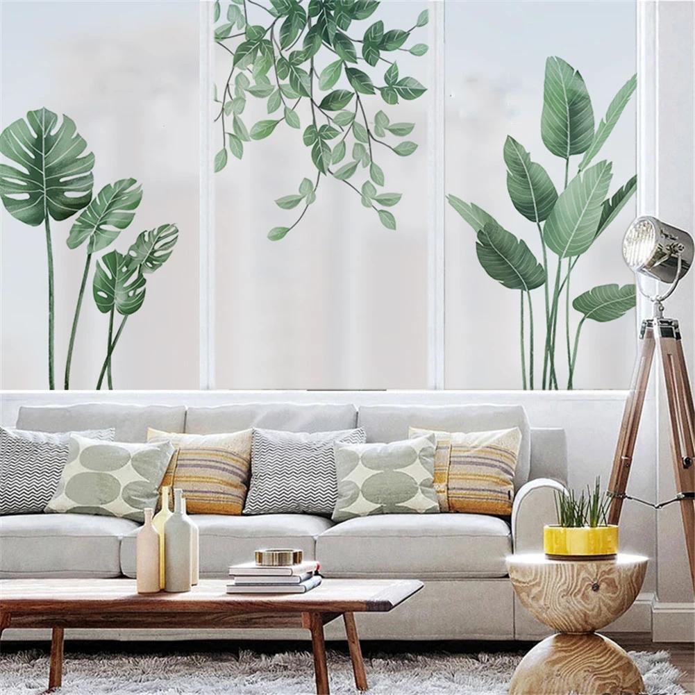 Window Film Privacy Green Leaves Frosted Glass Sticker Heat Insulation and Anti UV Blocking Self Adhesive sticker for Home