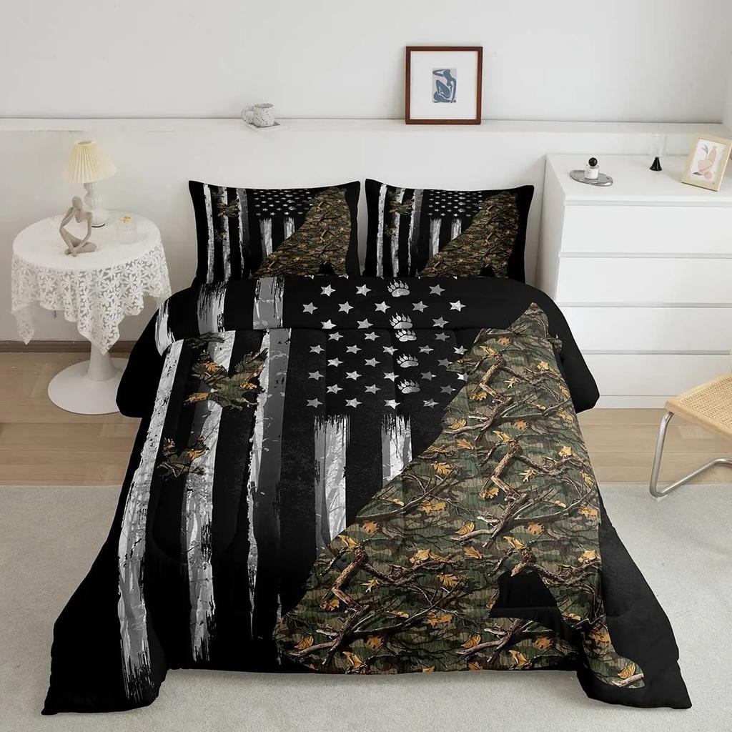 3 Pcs Grey Camo Comforter Bedding Set Full Size, Camouflage Army Design Bedding Collections for Kid Boy, Soft All-Season Bed Set