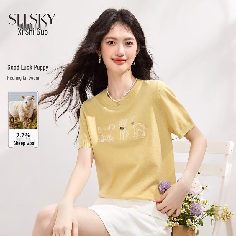 SLLSKY Women s Korean Style Dog Jacquard Short Sleeve Knit Top L