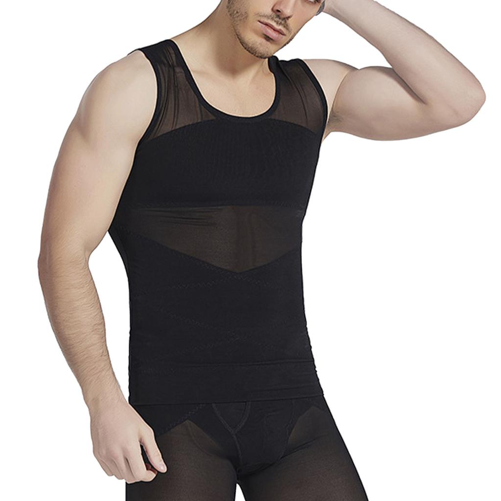 Men Body Shaper Slimming Vest Soft Elastic Skin Friendly Breathable Men Compression Shirt Vest for Sports Fitness Black