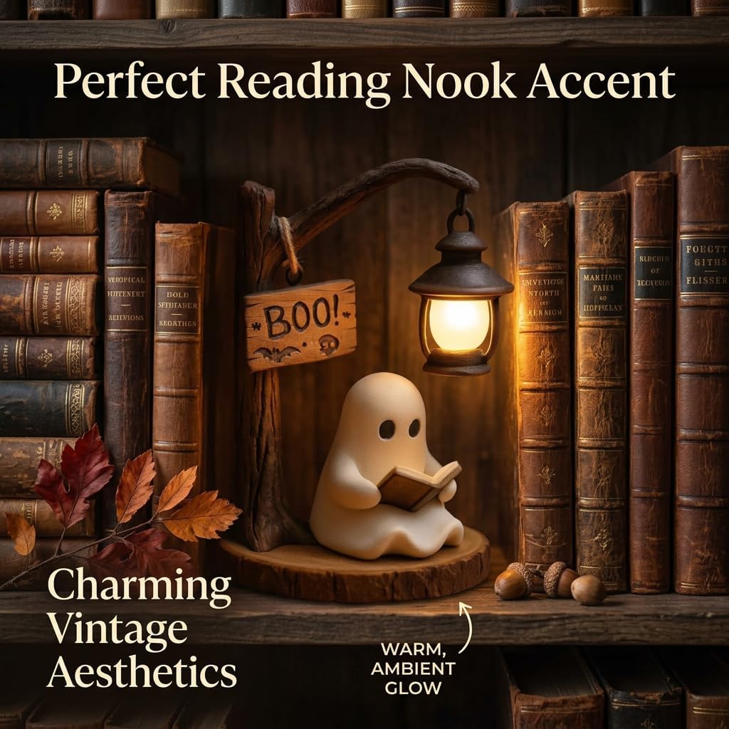 Ghost Reading Night Light,3D Cute Ghost Reading Book Lamp,Lighted Vintage Patchwork Halloween