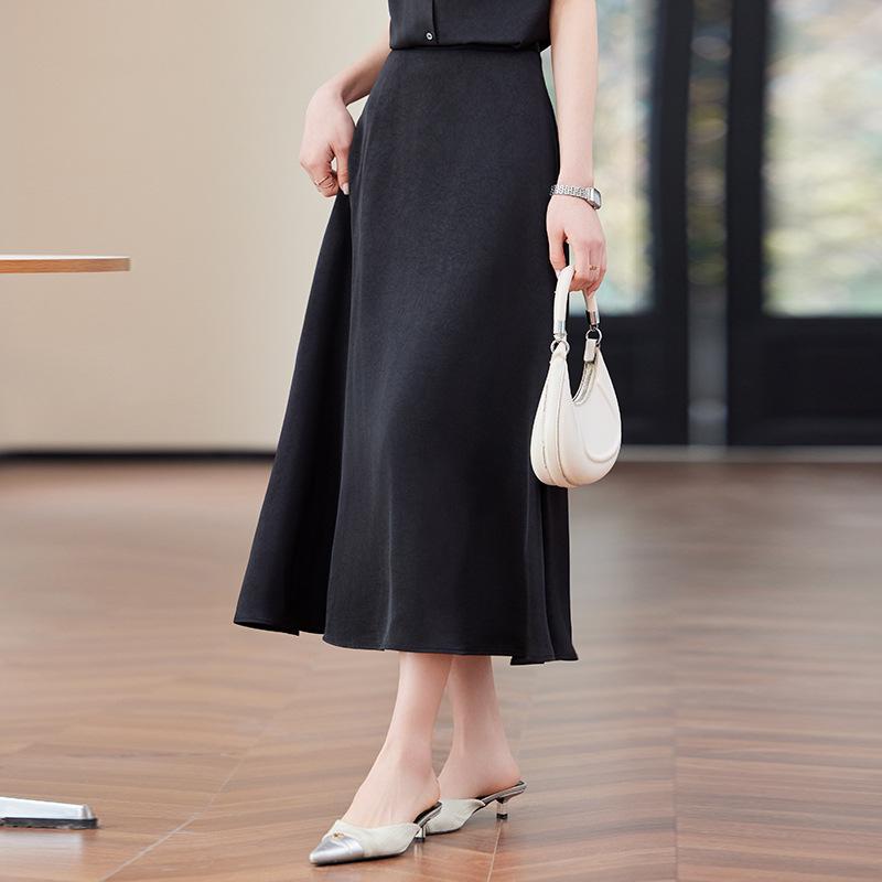 

Spring 2025 Black High Waist Hepburn A-Line Midi Skirt for Women M