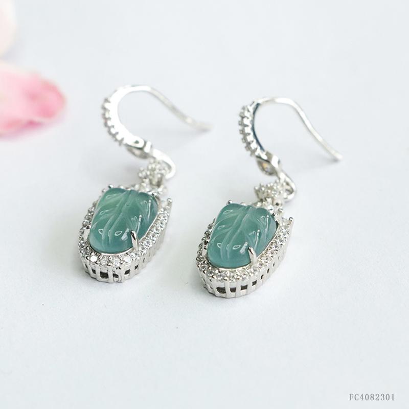 Leaf Shape Natural Stone Jade Earrings Silver Plated Myanmar Jade Earrings Full of Zircons Burma Jadeite Drop Earrings for Women