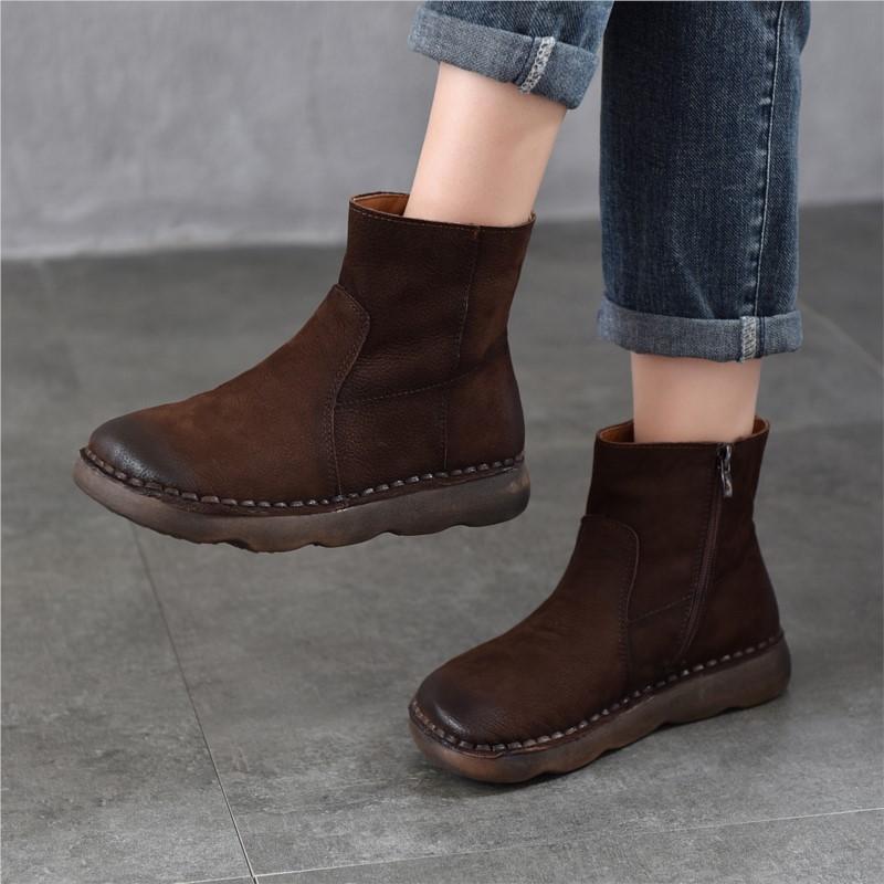 Johnature Versatile Women's Short Boots Round Toe Side Zipper Retro Genuine Leather Flat Boots