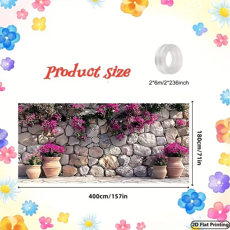 Arazzo Muro di Pietra Mediterraneo, Tessuto di Sfondo con Fiori di Bougainvillea Rosa, Decorazione per la Stanza