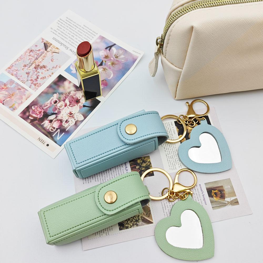 Custom Logo Name Key Chain Ring Small Versatile Keyring New Portable Lipstick Bag Packet Heart Mirror Keychain Mini Leather Gift