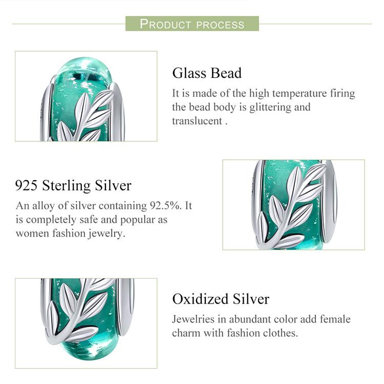 BAMOER Genuine 925 Sterling Silver Tree Leaves Green Leaf Murano Glass Beads Fit Charm Bracelets
