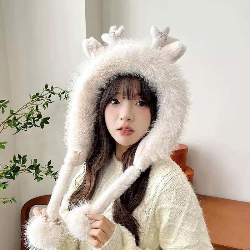 Women's Cute Fluffy Hat with Scarf and Ear Protection for Autumn/Winter