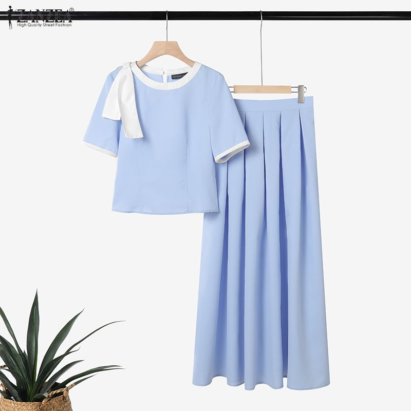 ZANZEA Women Short Sleeve Blouse and Long Skirts Elegant Casual Two Piece Suit Sets