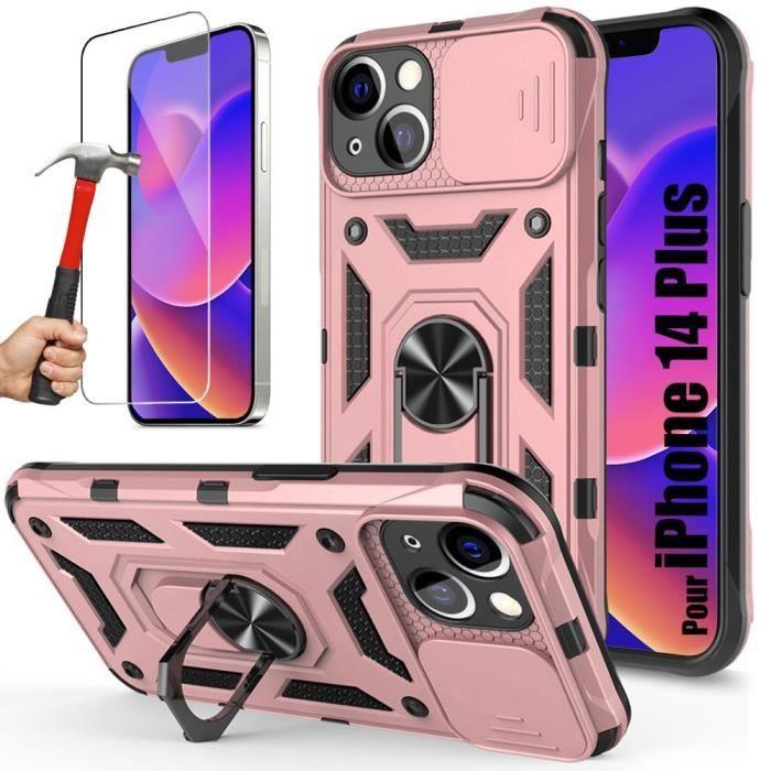 Coque pour iPhone 14 Plus - Antichoc - Rose - Protection Caméra - Support Intégré - Verres Trempés