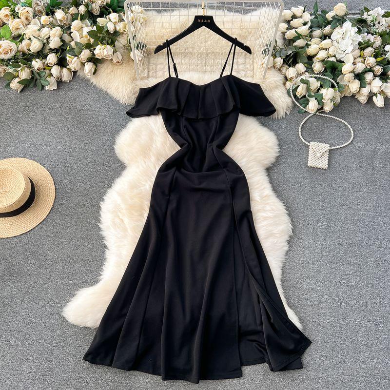 

Strapless Sexy Sweet Lotus Leaf off-Neck Dress Black L