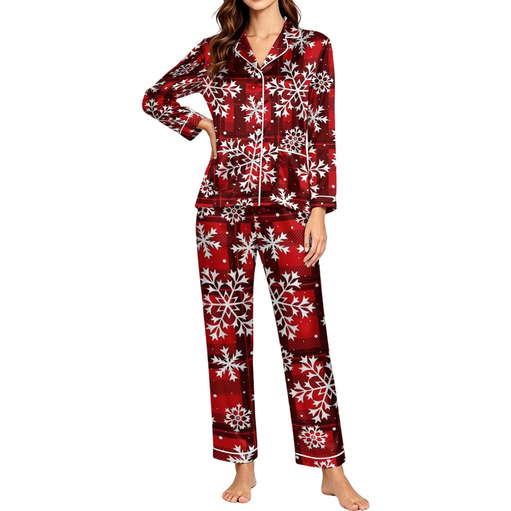 Women's Snowflake Print Long Sleeve Pajamas for Winter Sleepwear and Home Lounging