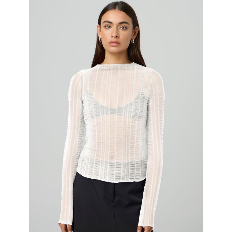 Dámský sexy top s průstřihy, kulatým výstřihem, jednobarevný, průsvitný, s dlouhým rukávem