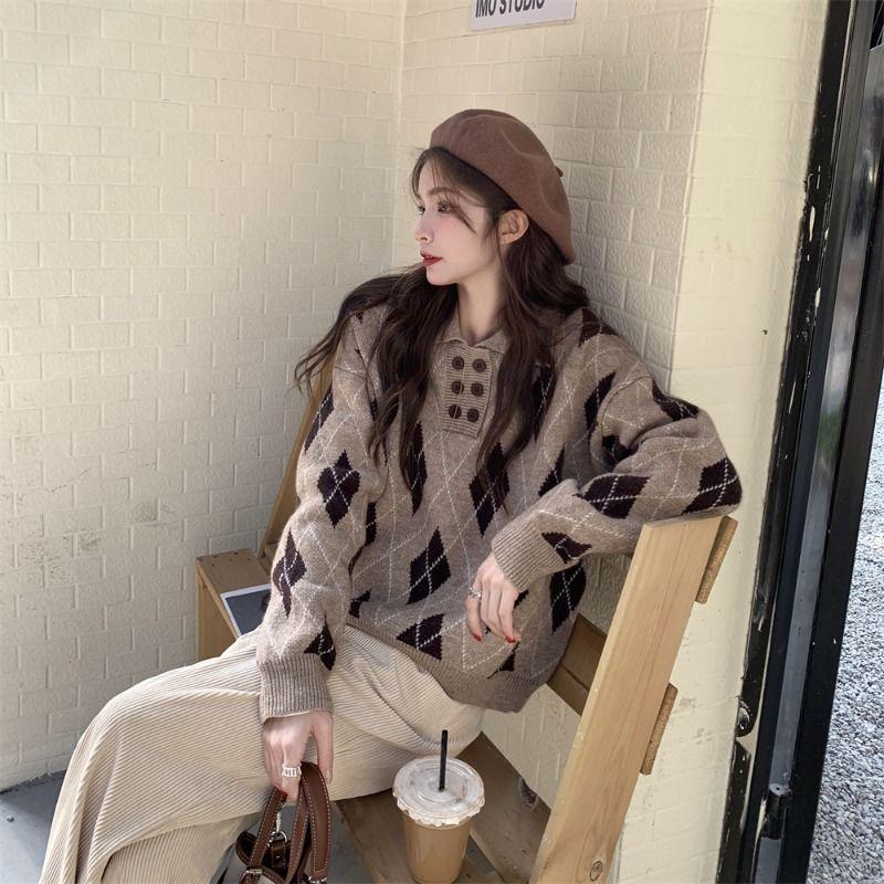 Polo Collar Diamond Plaid Pullover Sweater Loose Autumn and Winter 2022 New Popular Vintage Versatile Knit Sweater Female Top