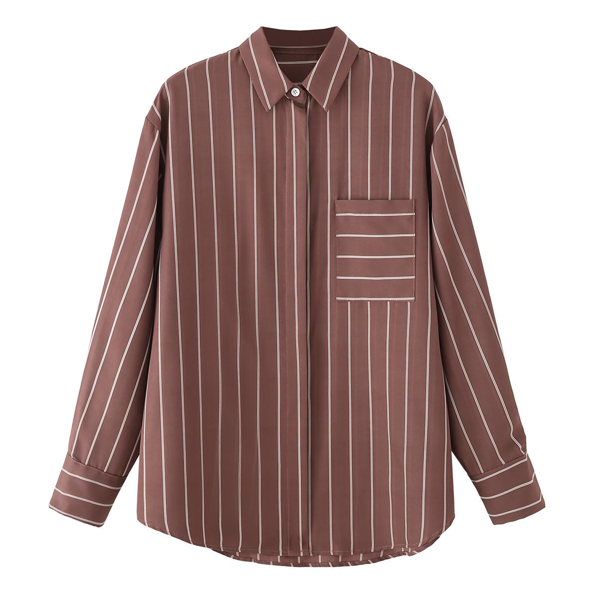 Women s Long Sleeve 100% Cotton Poplin Tie-neck Striped Shirt with Color-block Lapel and Pockets Extra Small