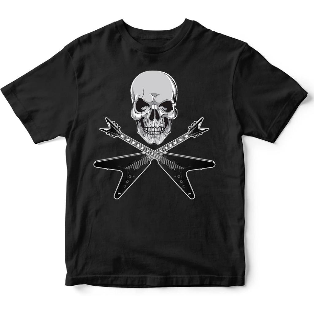 Metal Guitarist Tshirt Vintage Skull Flying V Guitars Heavy Metal Rock Music Gift T-Shirt for Men Women, Black, XX-Large