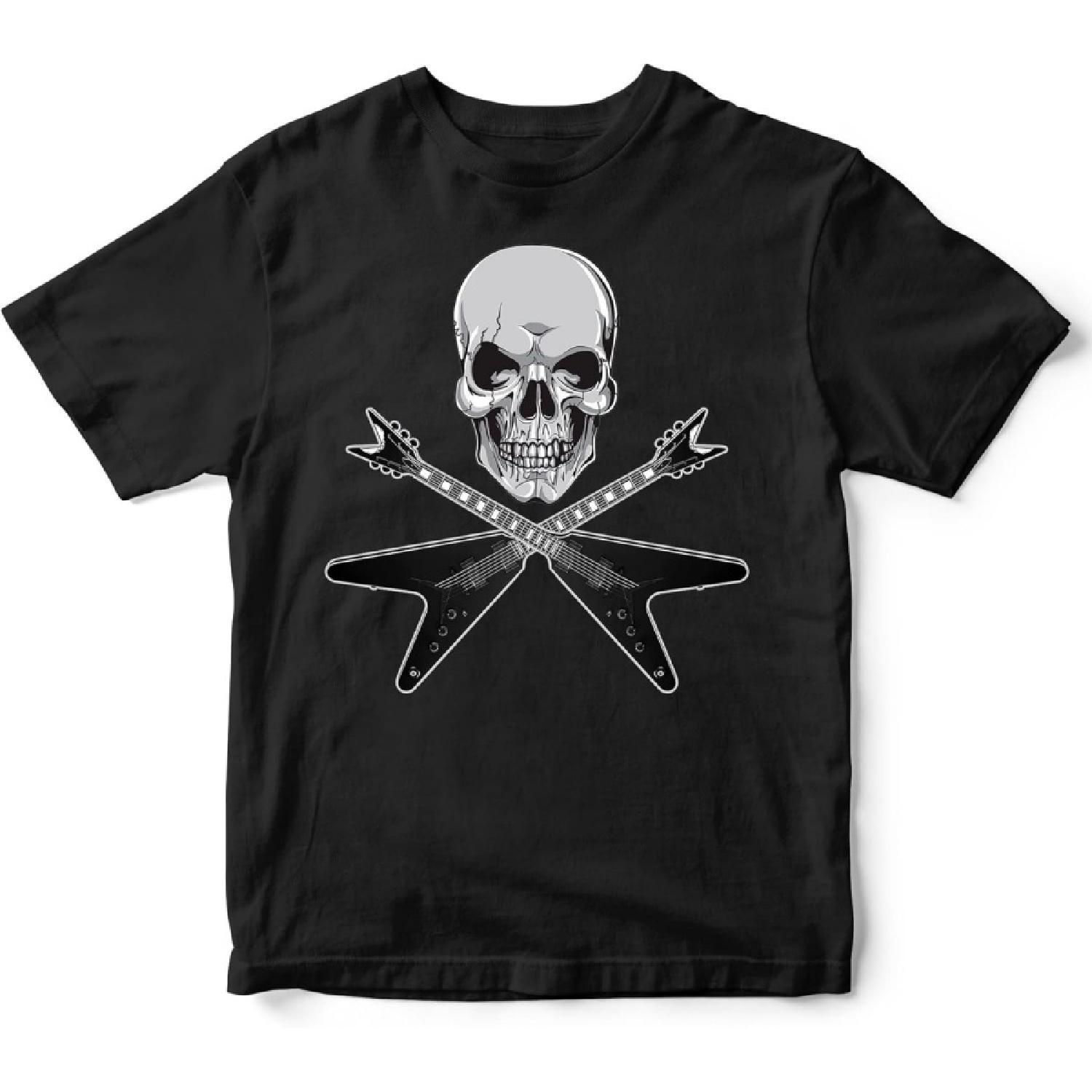 Металлическая футболка гитариста Винтажный череп Летающий V Гитары Хэви-метал Рок-музыка Подарок Футболка для мужчин женщин, Черный, Маленький S