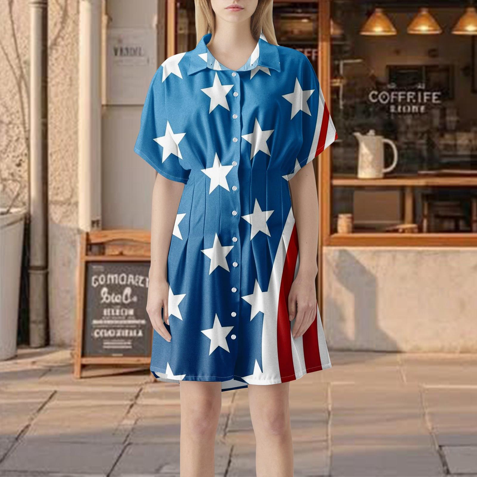 

Жіноча смугаста сукня-сорочка з плісуванням на ґудзиках, з коротким рукавом, з принтом до Дня Незалежності, літня повсякденна коротка сукня M